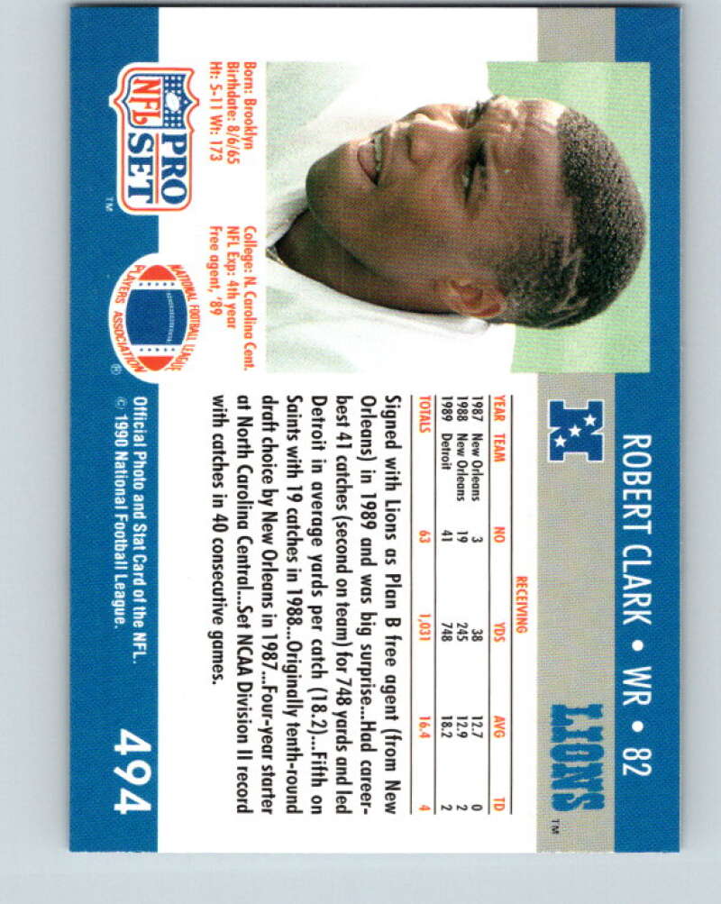 1990 Pro Set #494 Robert Clark Mint RC Rookie Detroit Lions Image 2