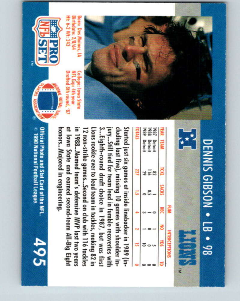1990 Pro Set #495 Dennis Gibson Mint Detroit Lions Image 2