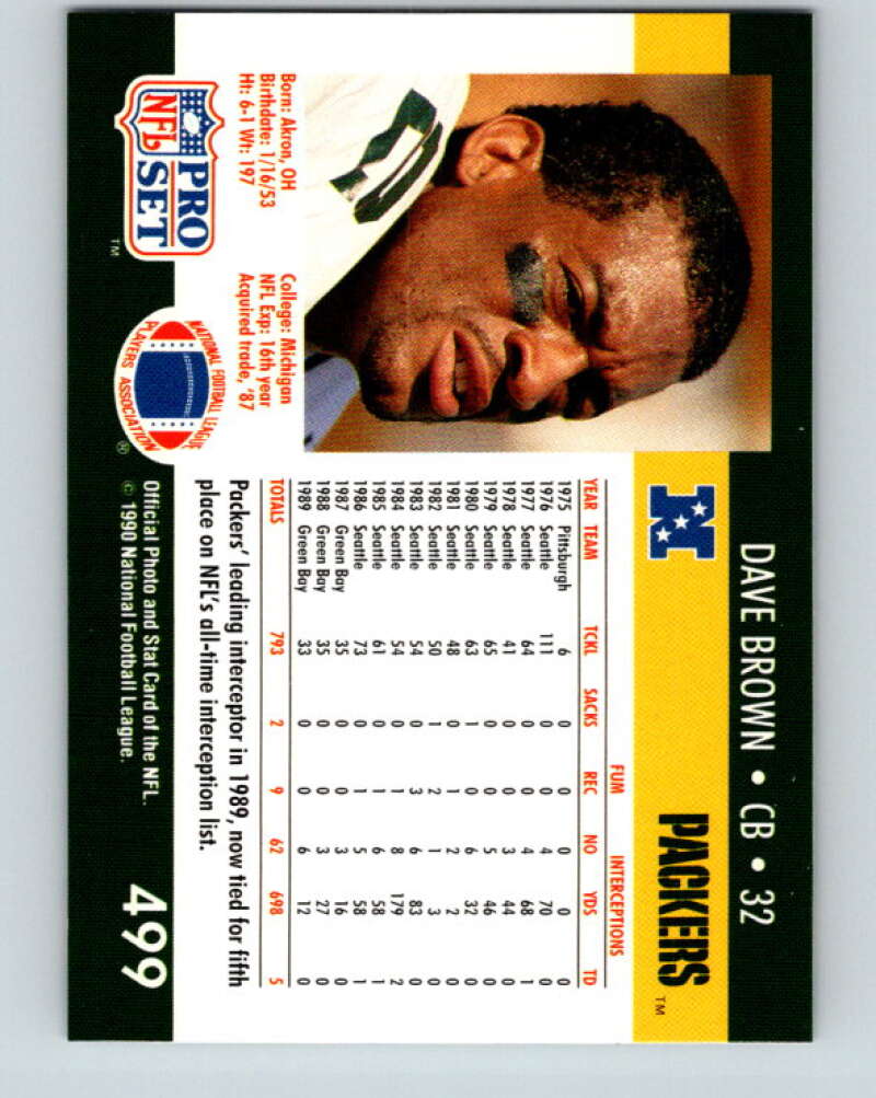 1990 Pro Set #499 Dave Brown Mint Green Bay Packers Image 2