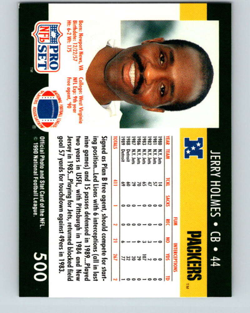 1990 Pro Set #500 Jerry Holmes Mint RC Rookie Green Bay Packers Image 2