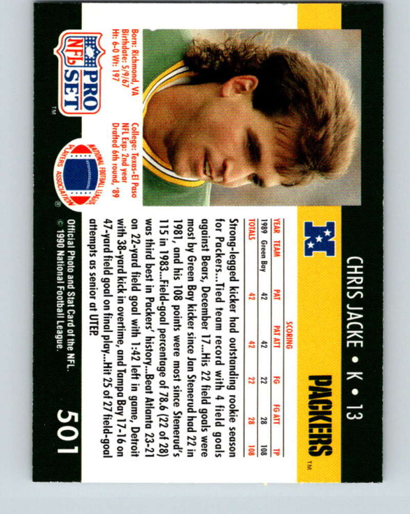 1990 Pro Set #501 Chris Jacke Mint Green Bay Packers Image 2