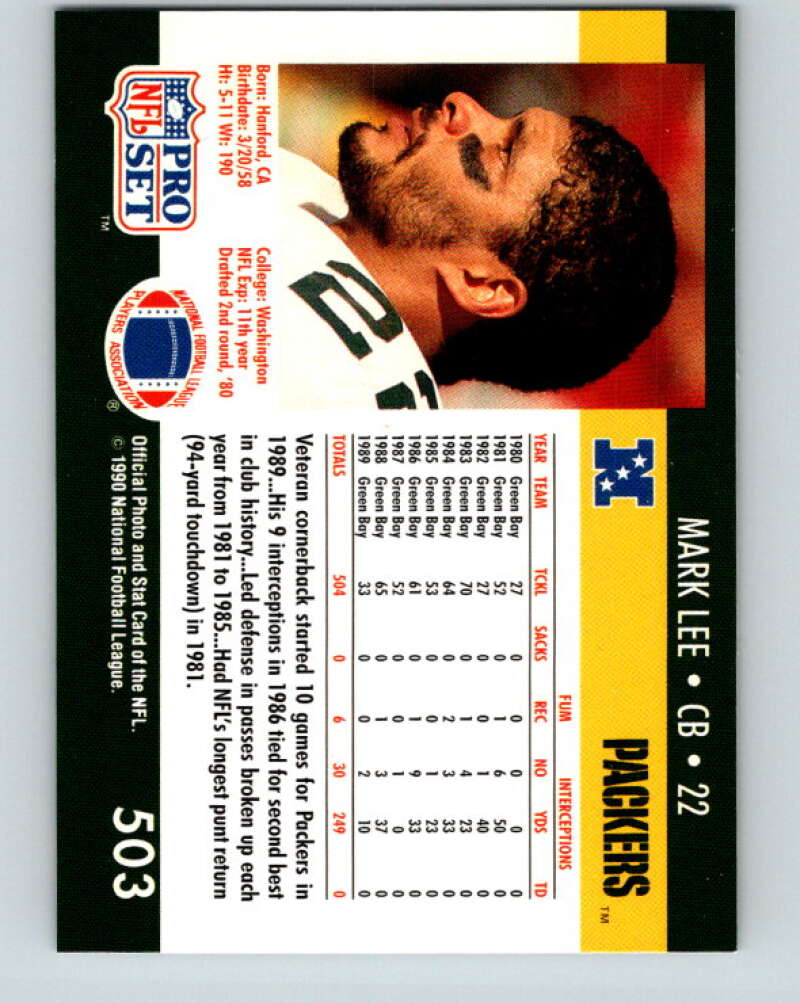 1990 Pro Set #503 Mark Lee Mint Green Bay Packers Image 2