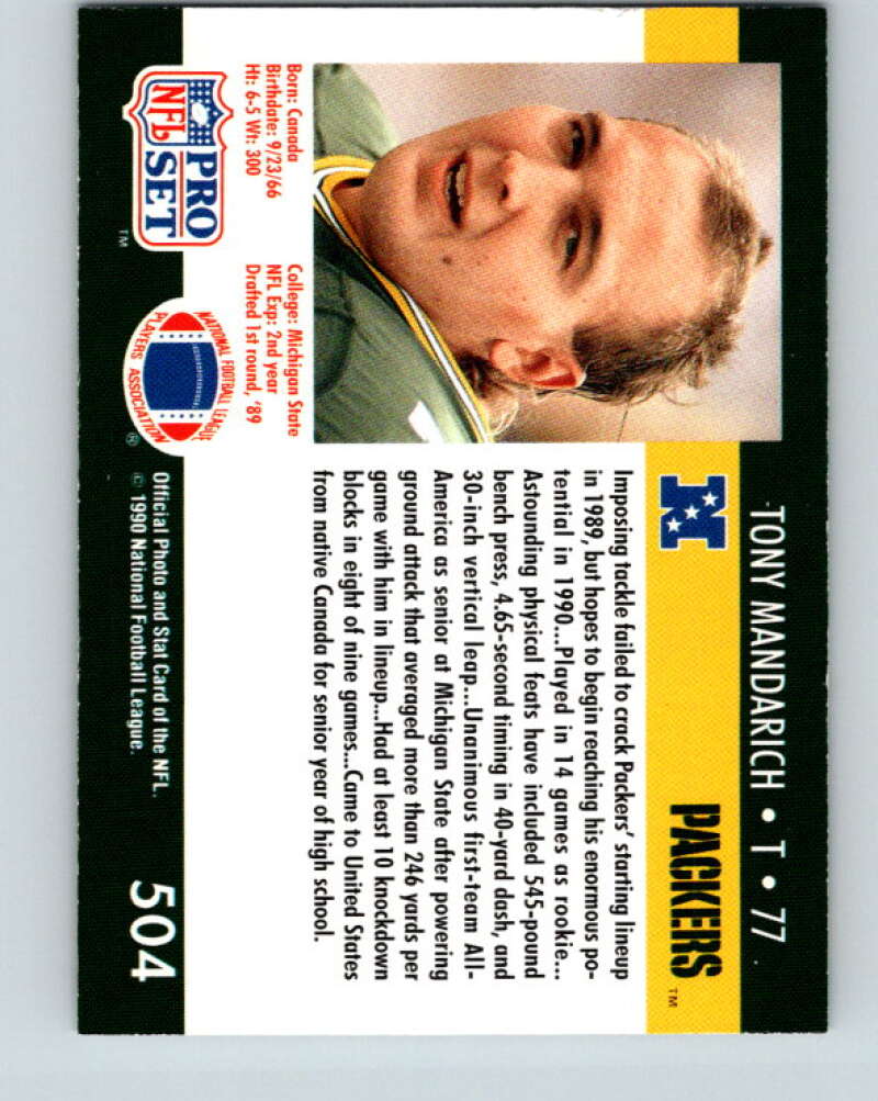 1990 Pro Set #504 Tony Mandarich Mint Green Bay Packers Image 2