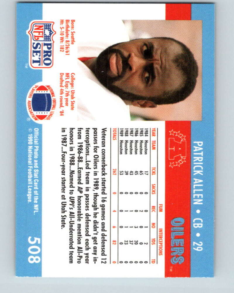 1990 Pro Set #508 Patrick Allen Mint RC Rookie Houston Oilers Image 2