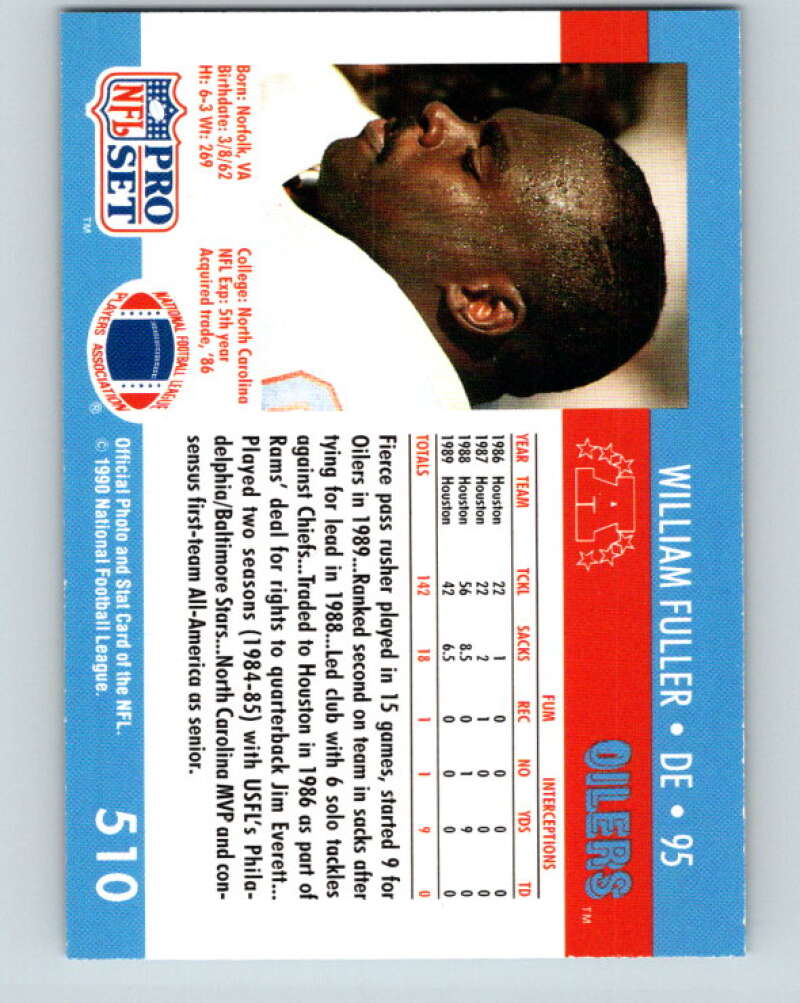 1990 Pro Set #510 William Fuller Mint Houston Oilers Image 2