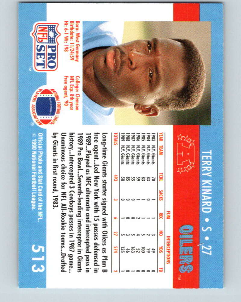 1990 Pro Set #513 Terry Kinard Mint Houston Oilers Image 2