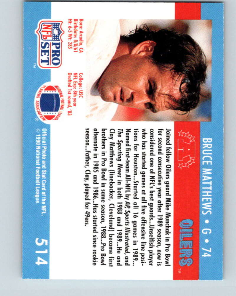 1990 Pro Set #514 Bruce Matthews Mint Houston Oilers Image 2
