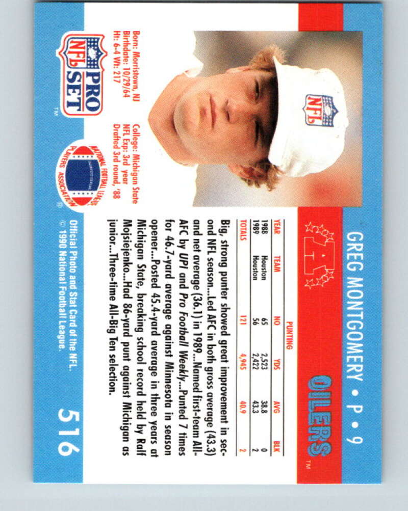 1990 Pro Set #516 Greg Montgomery Mint RC Rookie Houston Oilers Image 2