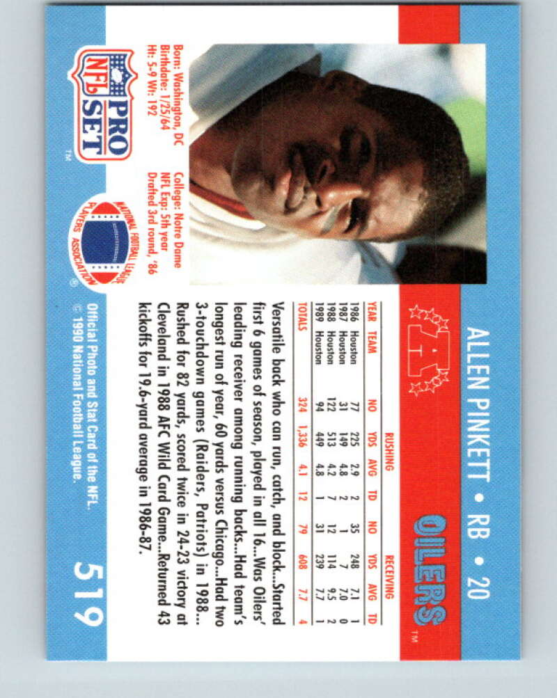 1990 Pro Set #519 Allen Pinkett Mint Houston Oilers Image 2