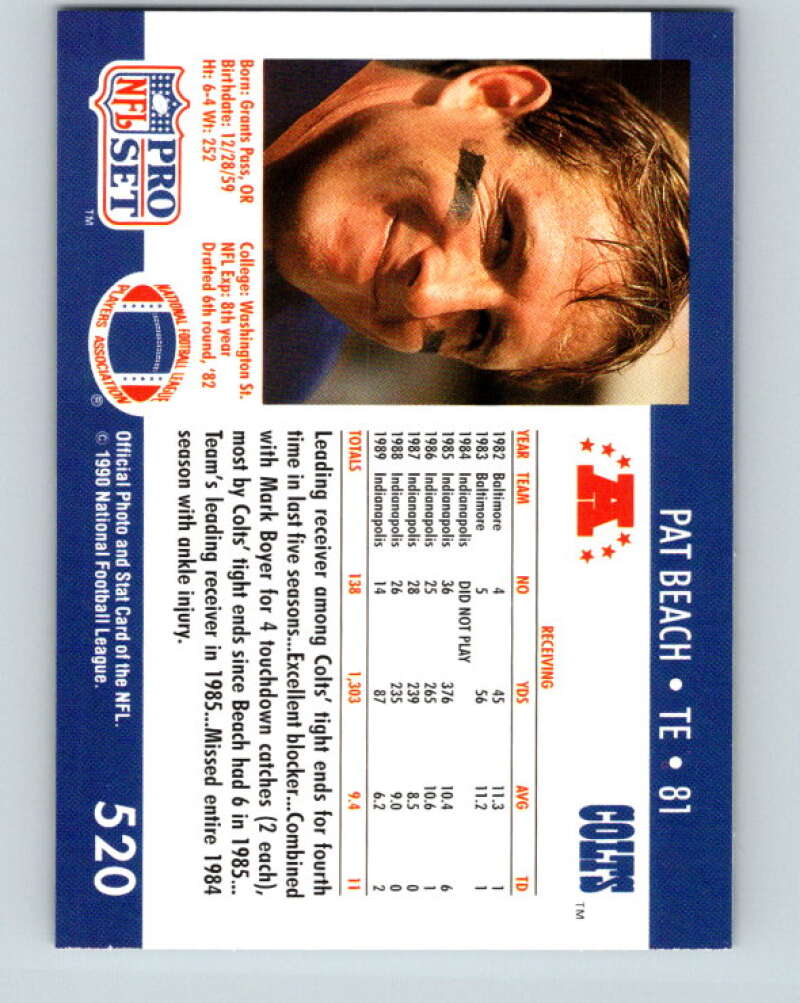 1990 Pro Set #520 Pat Beach Mint Indianapolis Colts Image 2