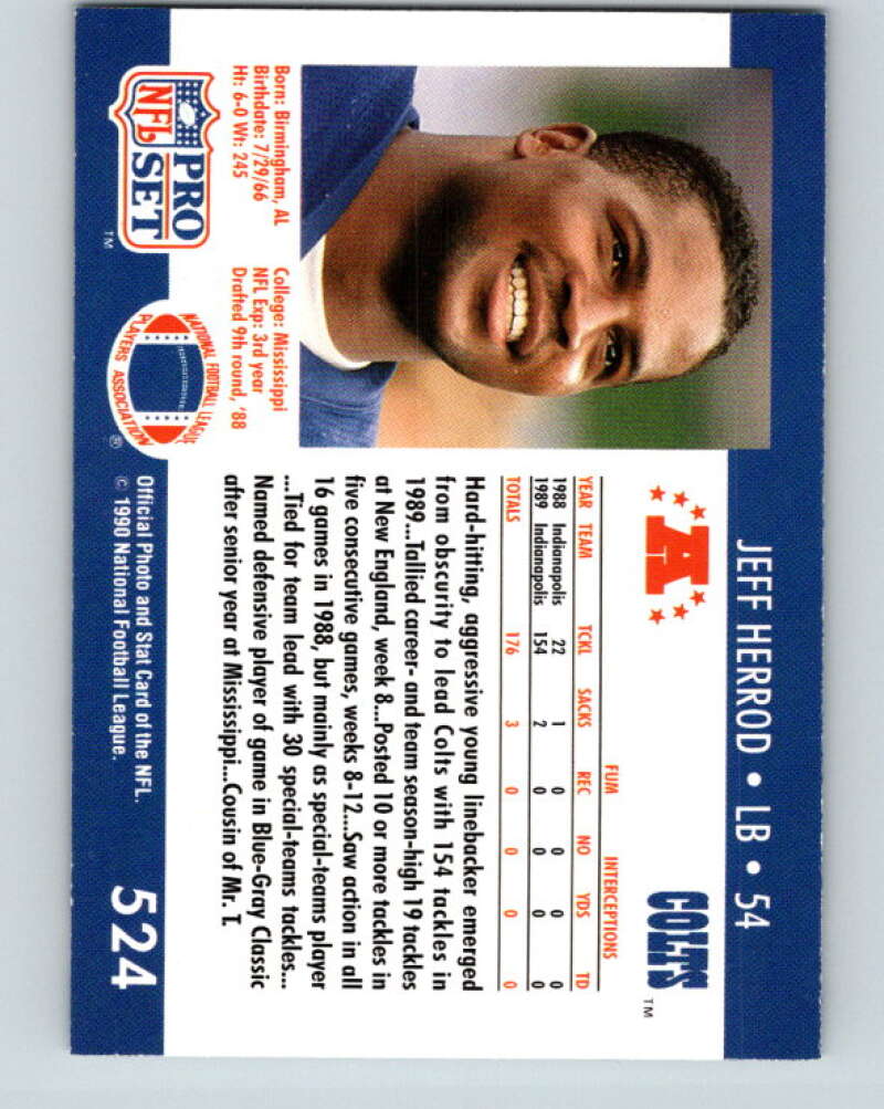 1990 Pro Set #524 Jeff Herrod Mint RC Rookie Indianapolis Colts Image 2