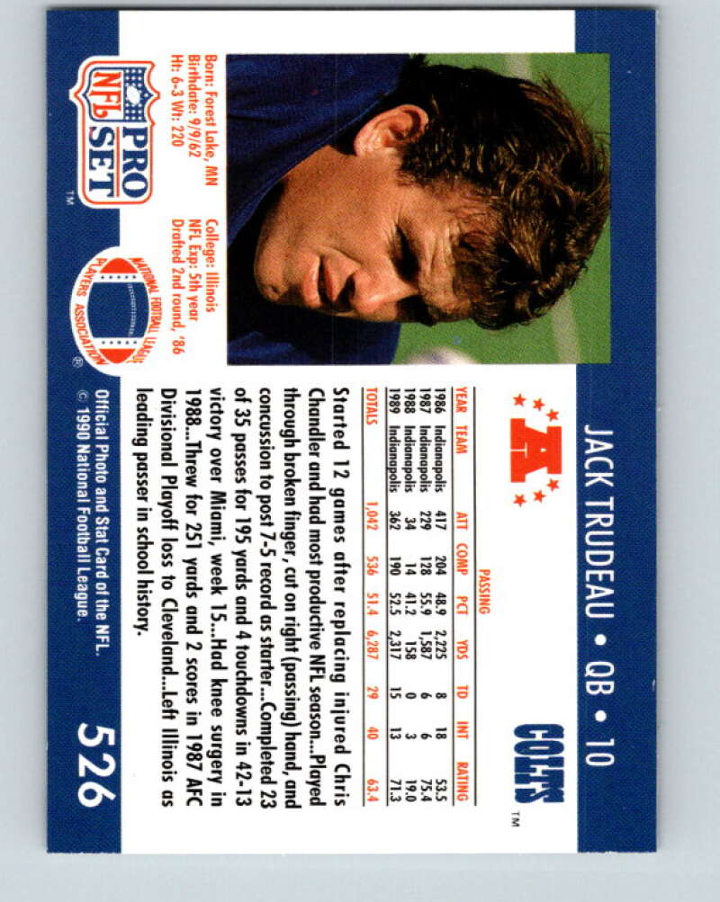 1990 Pro Set #526 Jack Trudeau Mint Indianapolis Colts Image 2