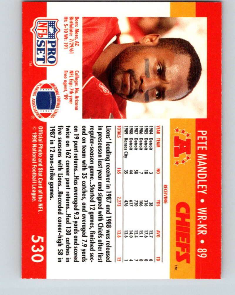 1990 Pro Set #530 Pete Mandley Mint Kansas City Chiefs Image 2