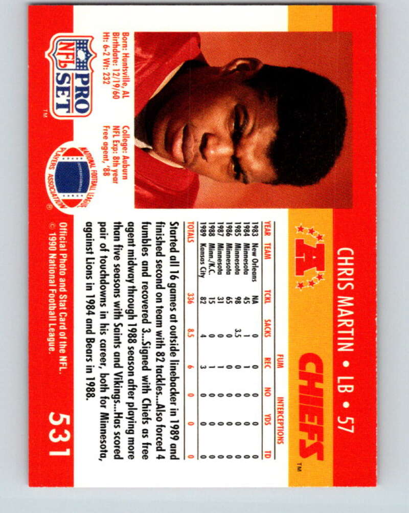 1990 Pro Set #531 Chris Martin Mint RC Rookie Kansas City Chiefs Image 2