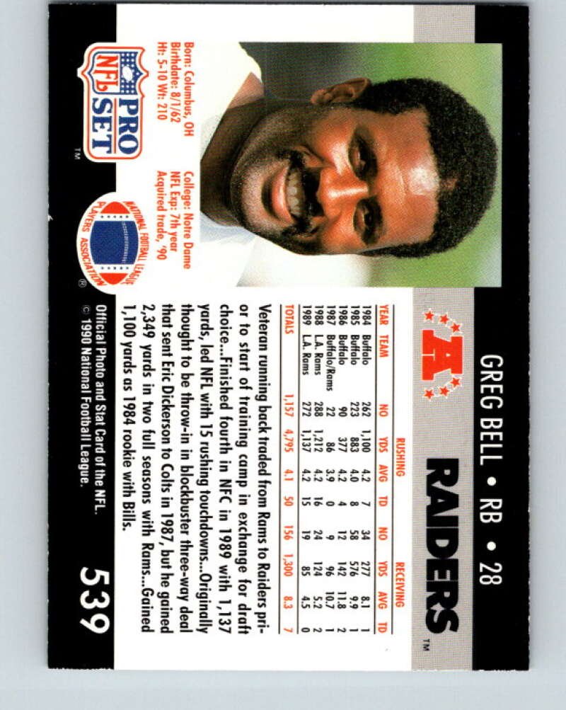 1990 Pro Set #539 Greg Bell Mint Los Angeles Raiders Image 2
