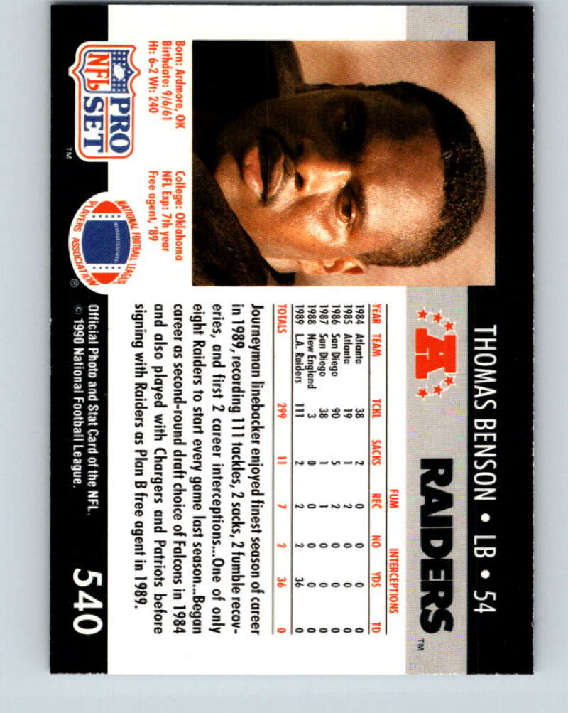1990 Pro Set #540 Thomas Benson Mint RC Rookie Los Angeles Raiders Image 2