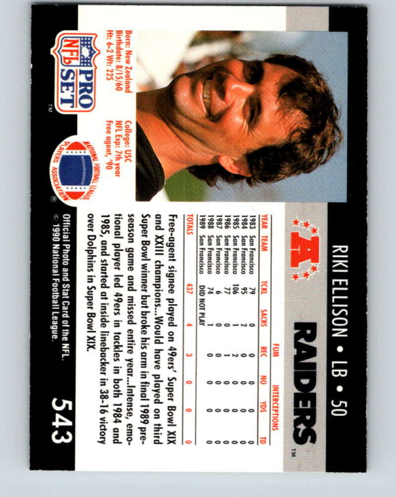 1990 Pro Set #543 Riki Ellison Mint Los Angeles Raiders Image 2