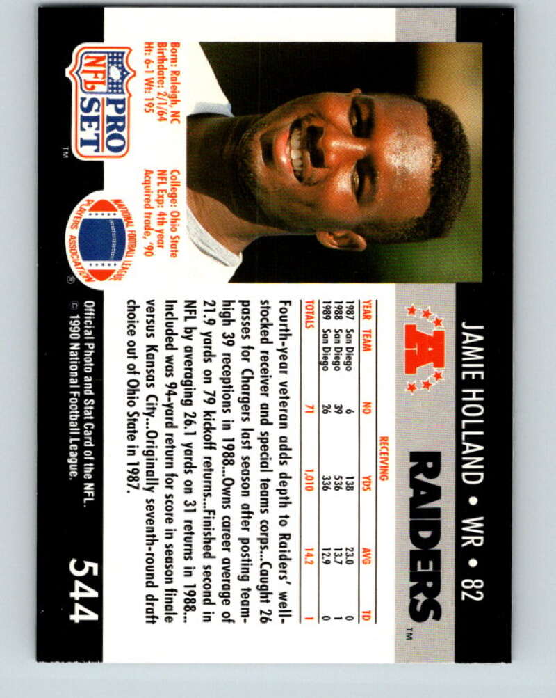 1990 Pro Set #544 Jamie Holland Mint Los Angeles Raiders Image 2