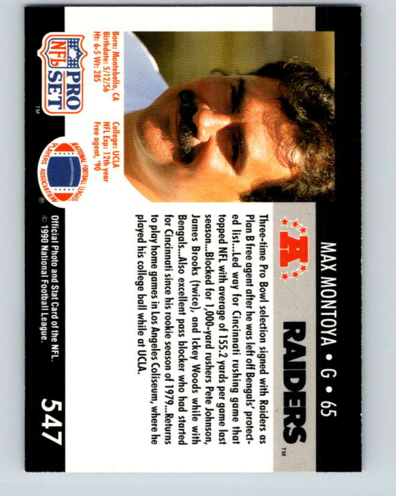 1990 Pro Set #547 Max Montoya Mint Los Angeles Raiders Image 2