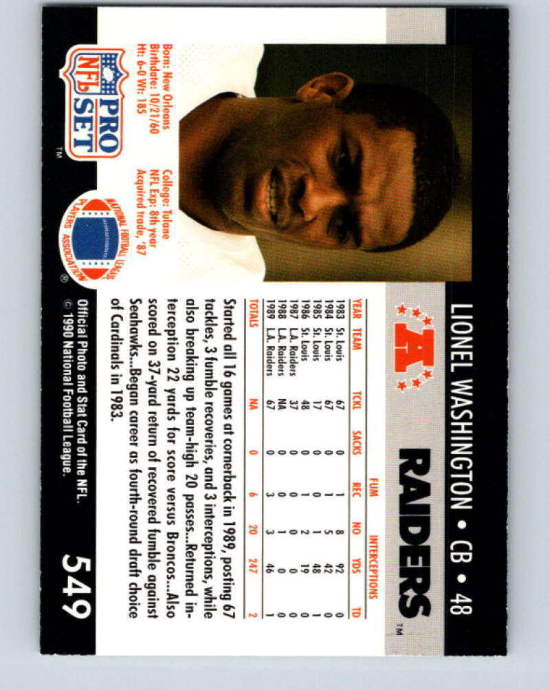 1990 Pro Set #549 Lionel Washington Mint Los Angeles Raiders Image 2