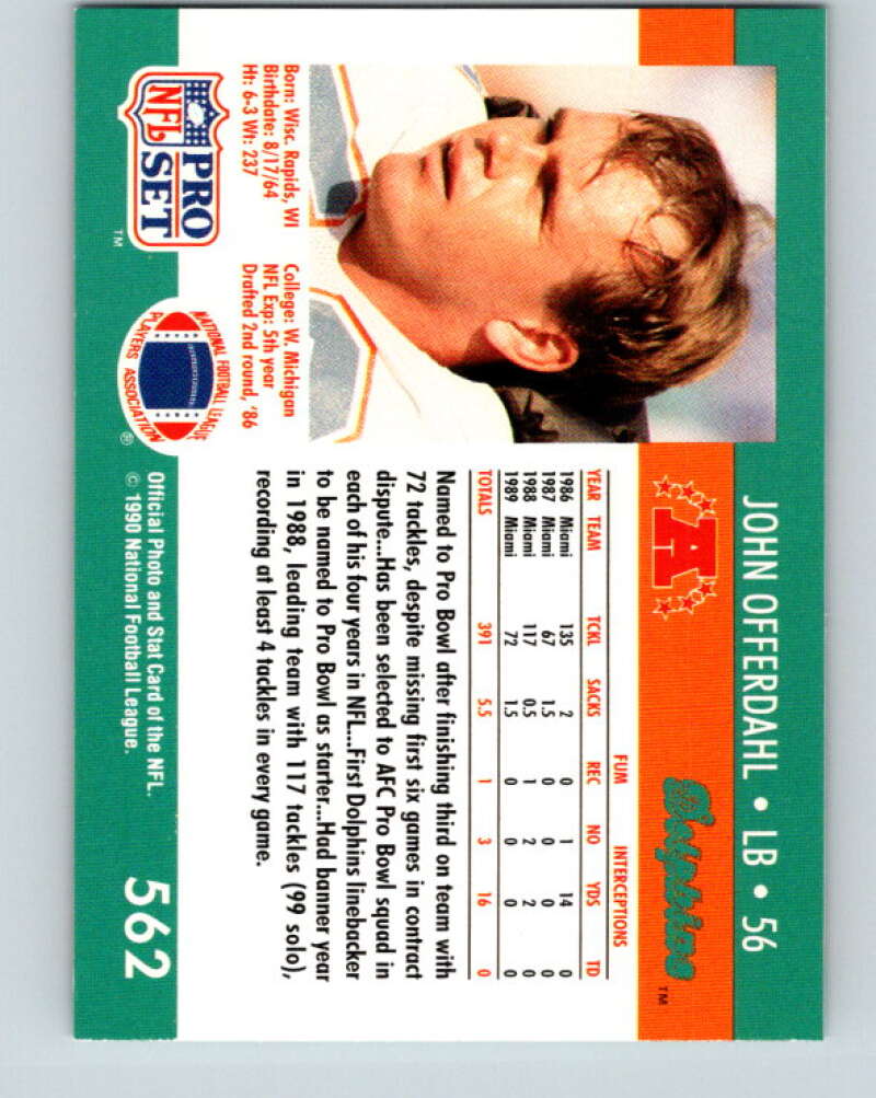 1990 Pro Set #562 John Offerdahl Mint Miami Dolphins Image 2