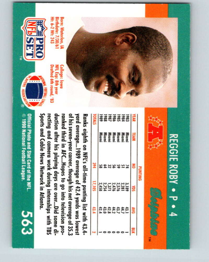 1990 Pro Set #563 Reggie Roby Mint Miami Dolphins Image 2