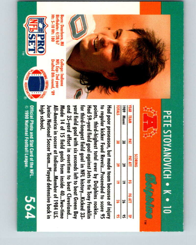 1990 Pro Set #564 Pete Stoyanovich Mint Miami Dolphins Image 2