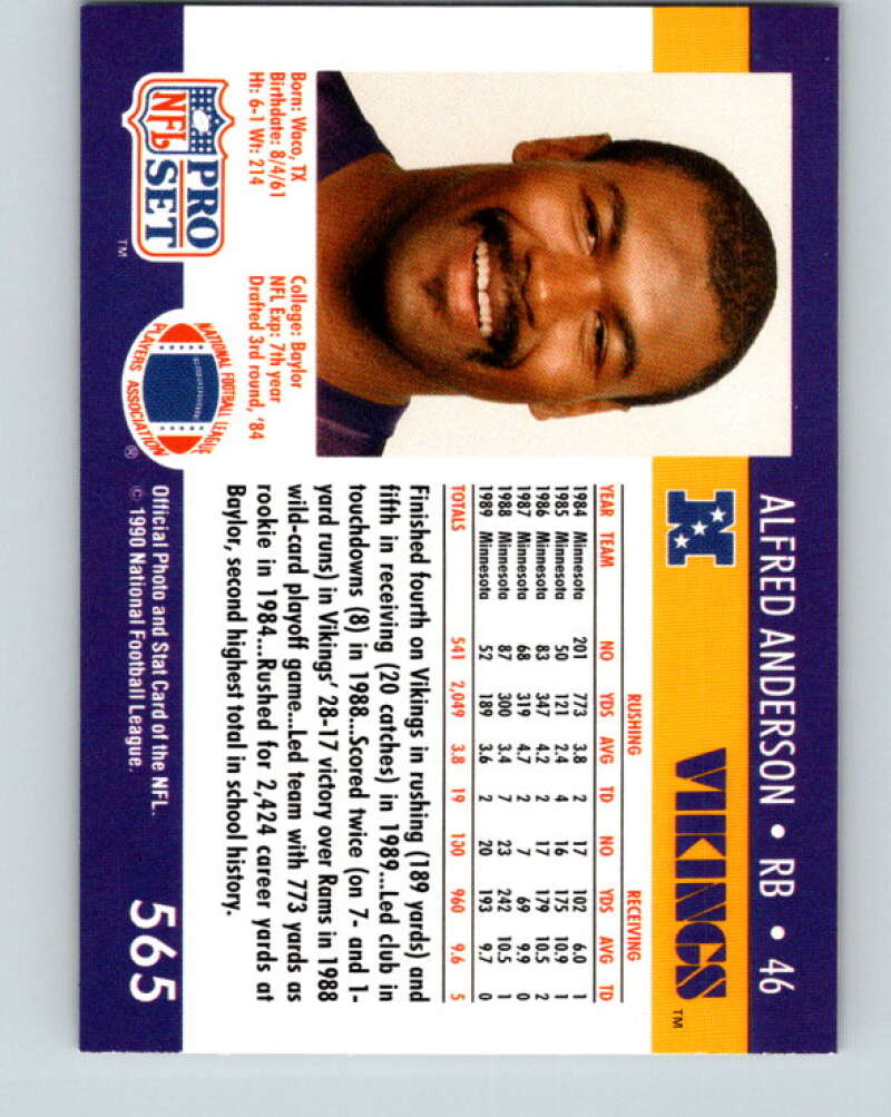 1990 Pro Set #565 Alfred Anderson Mint Minnesota Vikings Image 2
