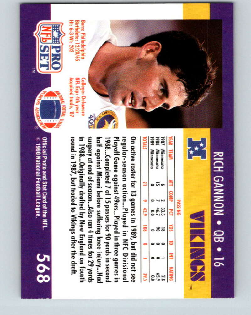 1990 Pro Set #568 Rich Gannon Mint RC Rookie Minnesota Vikings Image 2