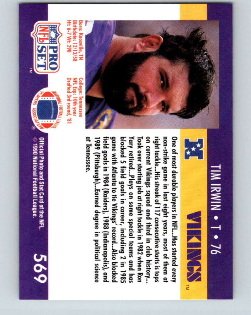 1990 Pro Set #569 Tim Irwin Mint RC Rookie Minnesota Vikings Image 2