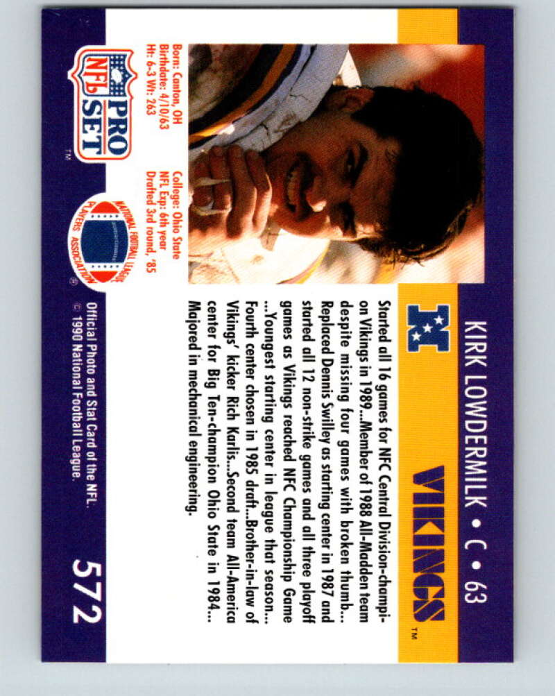 1990 Pro Set #572 Kirk Lowdermilk Mint Minnesota Vikings Image 2