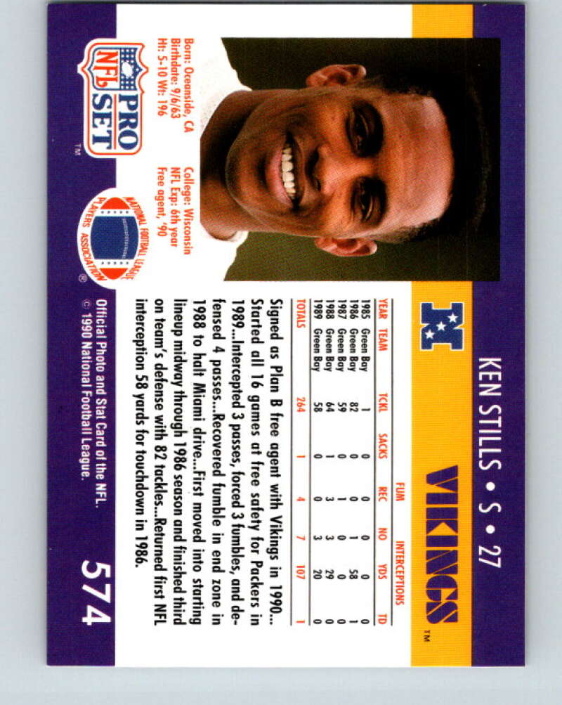 1990 Pro Set #574 Ken Stills Mint RC Rookie Minnesota Vikings Image 2