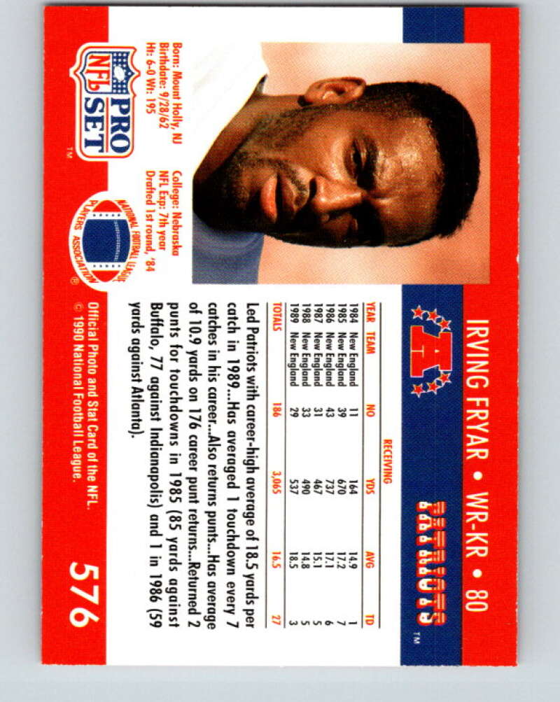 1990 Pro Set #576 Irving Fryar Mint New England Patriots Image 2
