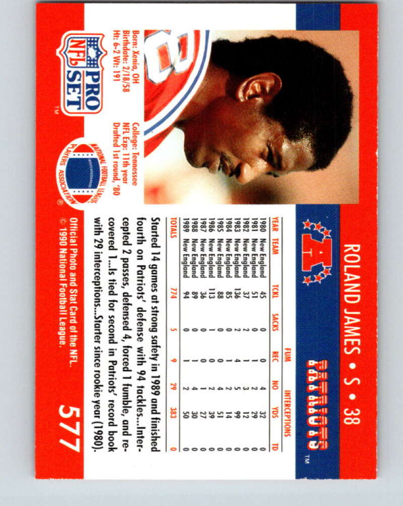 1990 Pro Set #577 Roland James Mint New England Patriots Image 2