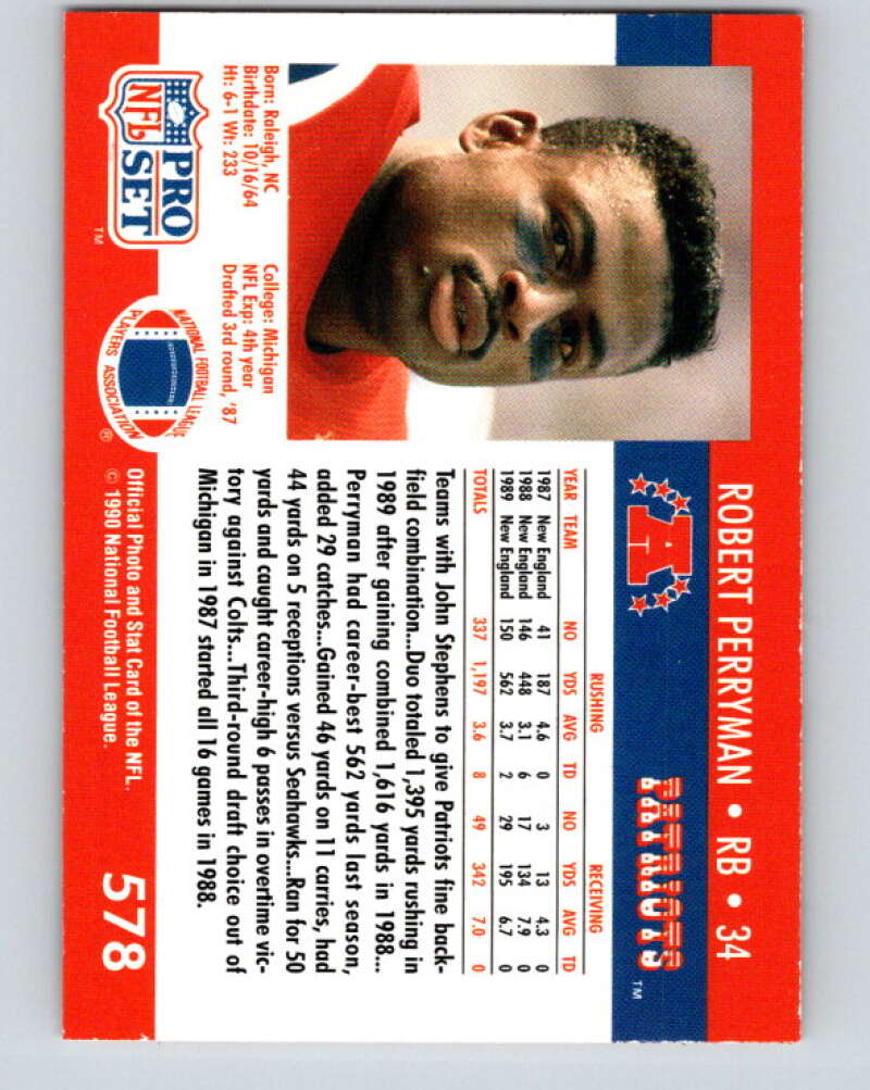 1990 Pro Set #578 Robert Perryman Mint New England Patriots Image 2