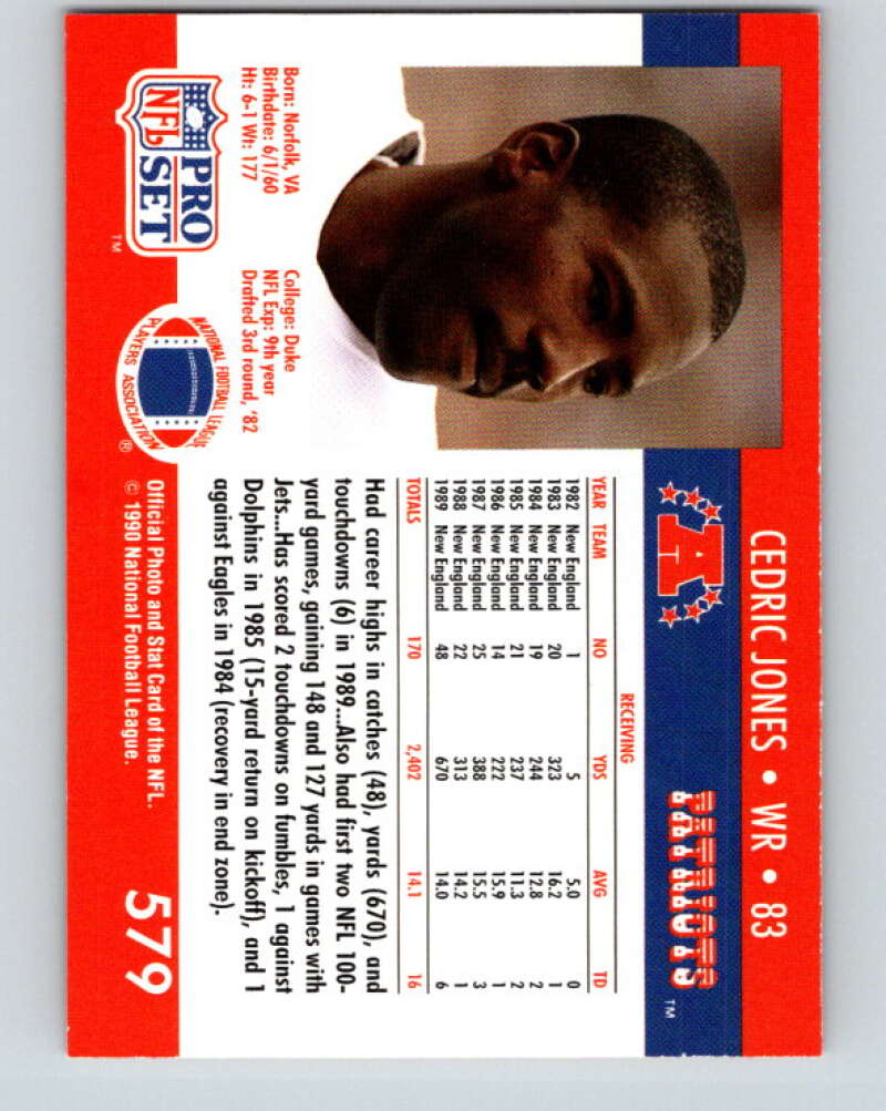 1990 Pro Set #579 Cedric Jones Mint RC Rookie New England Patriots Image 2