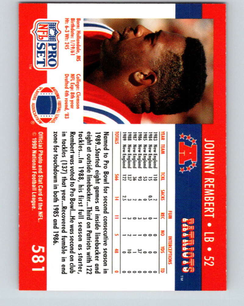 1990 Pro Set #581 Johnny Rembert Mint New England Patriots Image 2