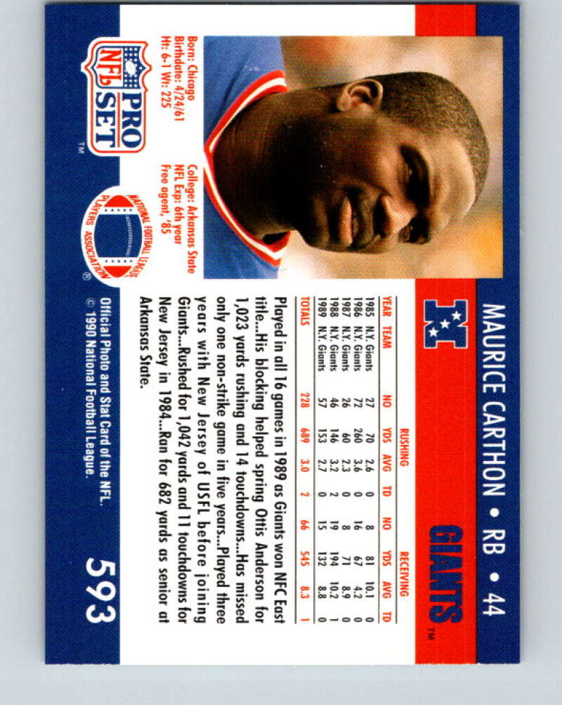 1990 Pro Set #593 Maurice Carthon Mint New York Giants Image 2