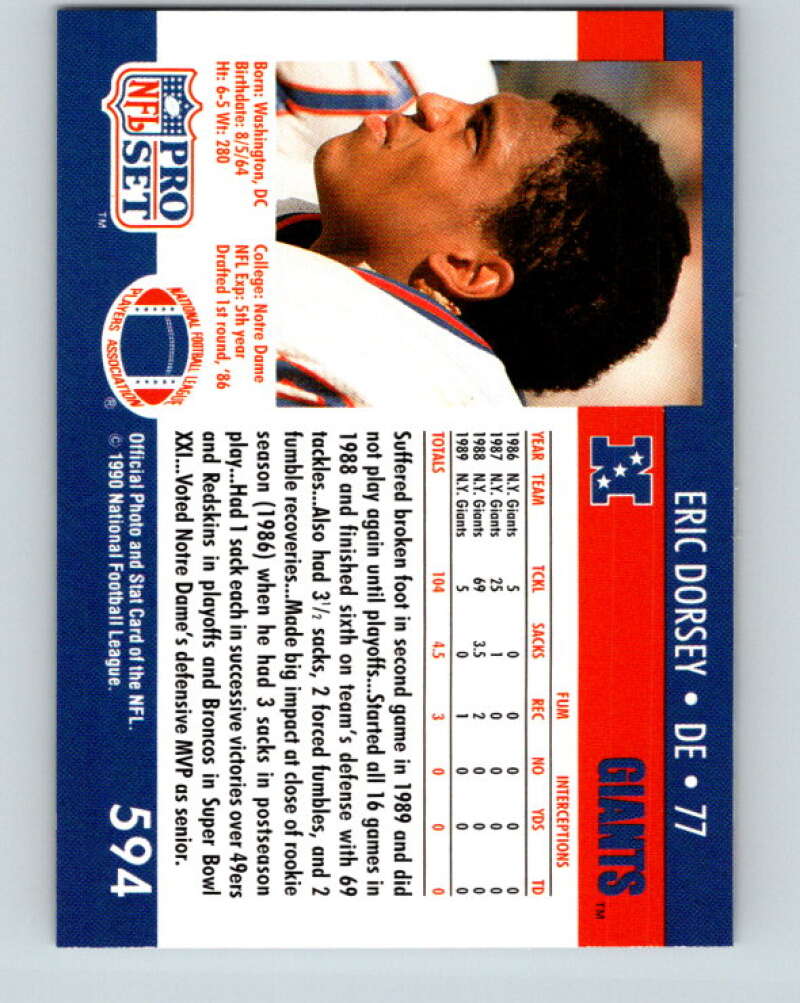 1990 Pro Set #594 Eric Dorsey Mint RC Rookie New York Giants Image 2
