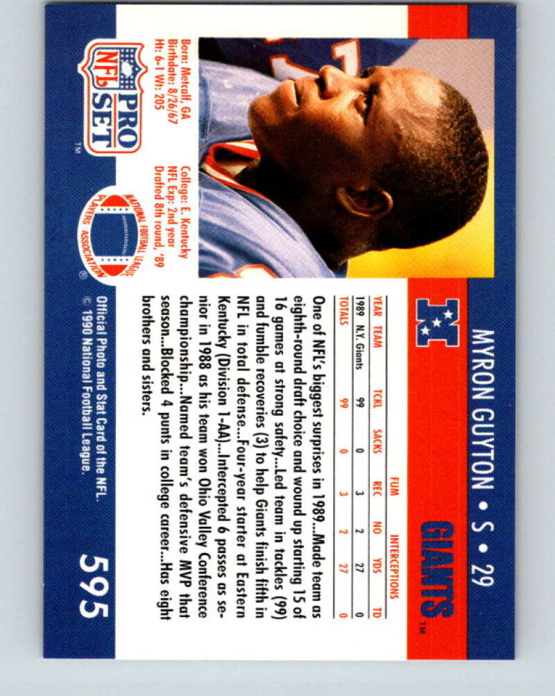 1990 Pro Set #595 Myron Guyton Mint New York Giants Image 2