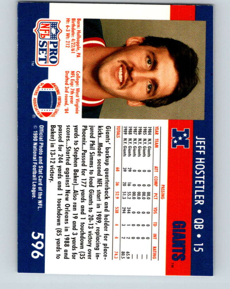 1990 Pro Set #596 Jeff Hostetler Mint RC Rookie New York Giants Image 2