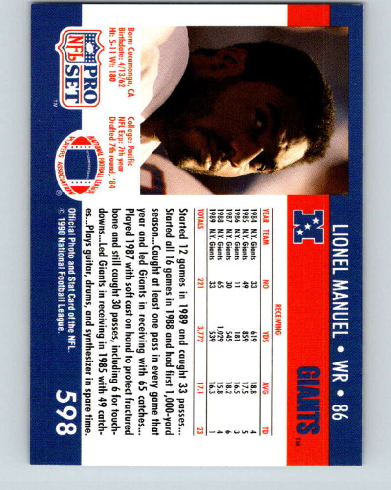 1990 Pro Set #598 Lionel Manuel Mint New York Giants Image 2