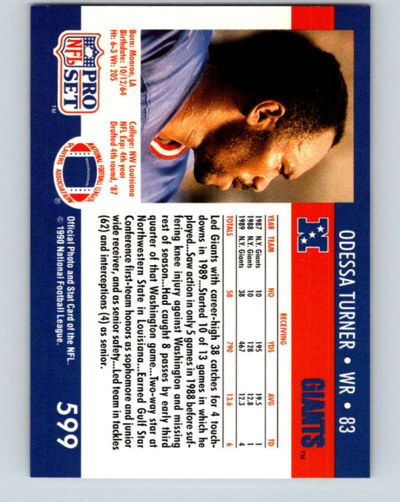 1990 Pro Set #599 Odessa Turner Mint RC Rookie New York Giants Image 2