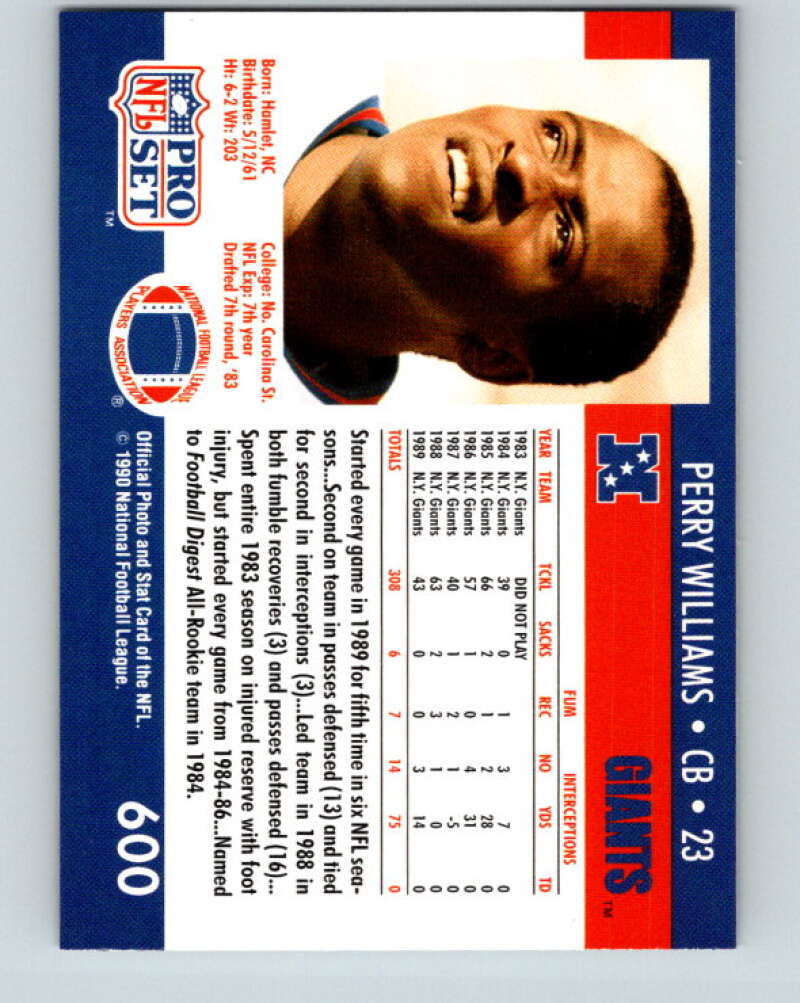 1990 Pro Set #600 Perry Williams Mint New York Giants Image 2