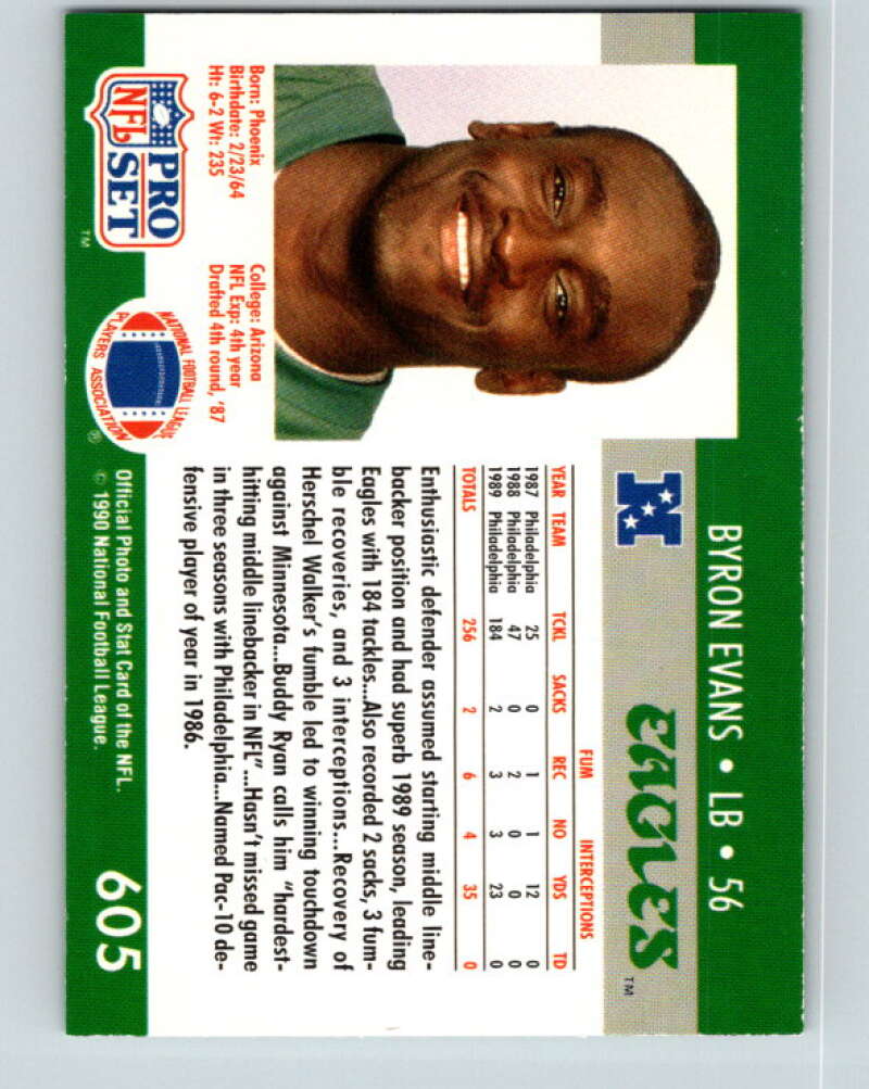 1990 Pro Set #605 Byron Evans Mint RC Rookie Philadelphia Eagles Image 2