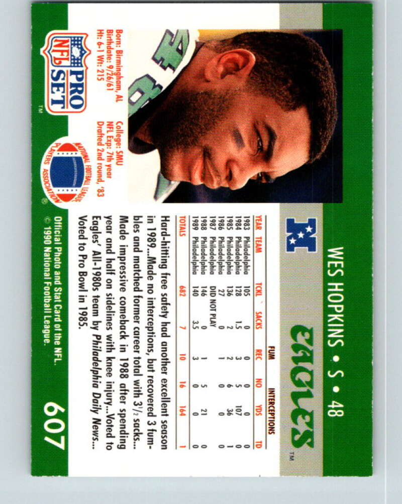 1990 Pro Set #607 Wes Hopkins Mint Philadelphia Eagles Image 2