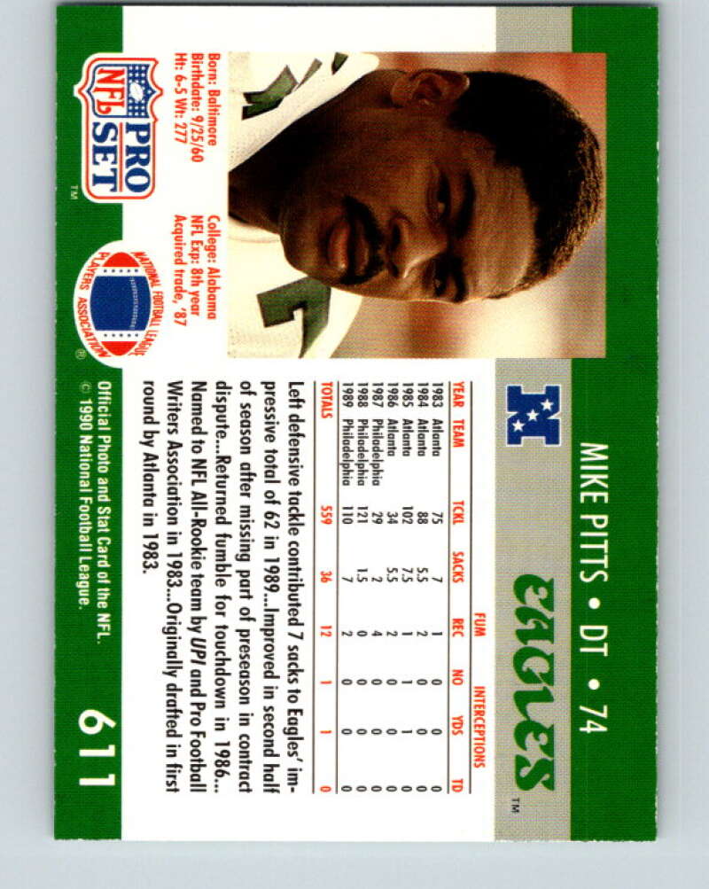 1990 Pro Set #611 Mike Pitts Mint Philadelphia Eagles Image 2