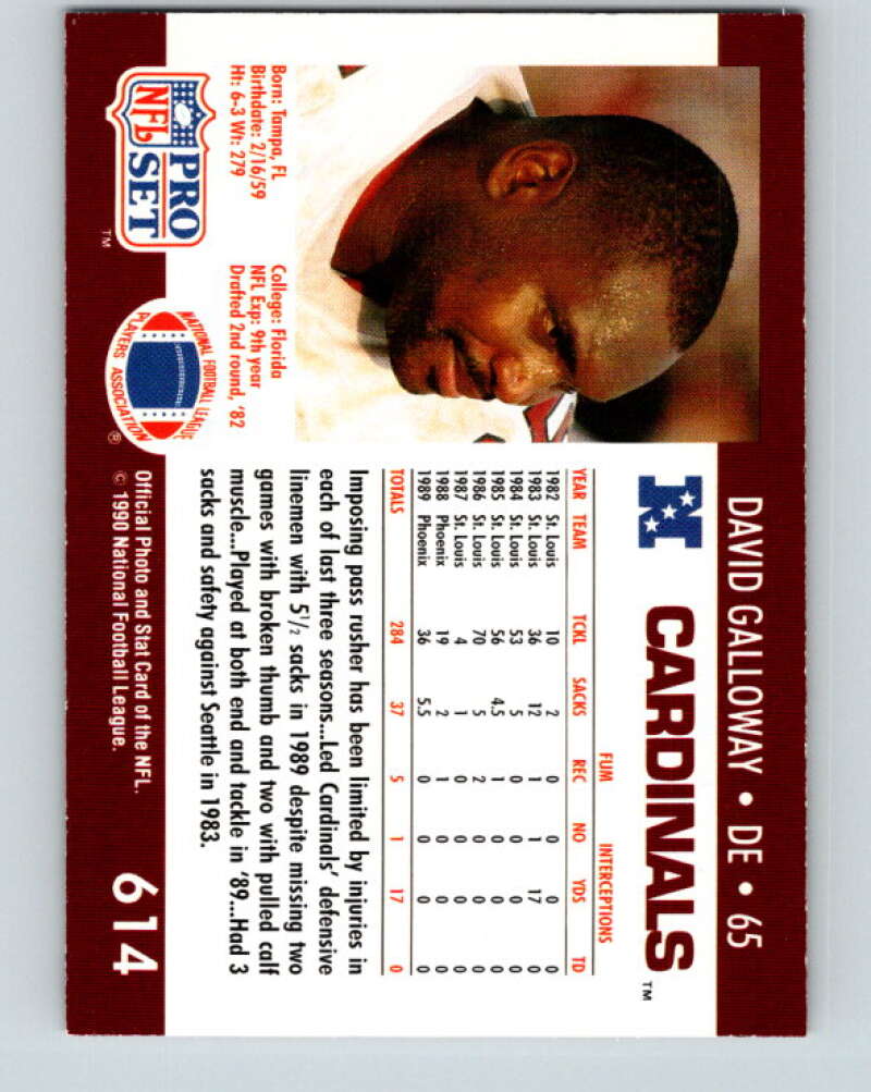 1990 Pro Set #614 David Galloway Mint Phoenix Cardinals Image 2