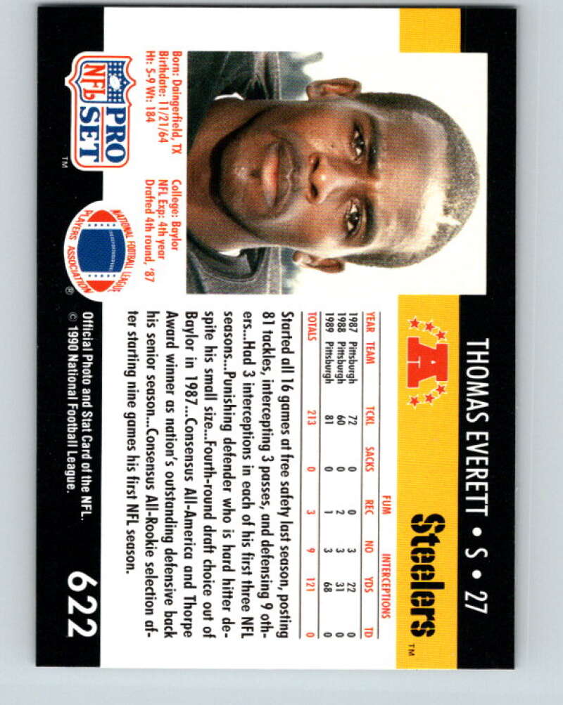 1990 Pro Set #622 Thomas Everett Mint Pittsburgh Steelers Image 2