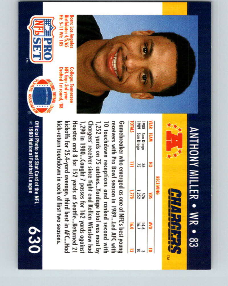 1990 Pro Set #630 Anthony Miller Mint San Diego Chargers Image 2